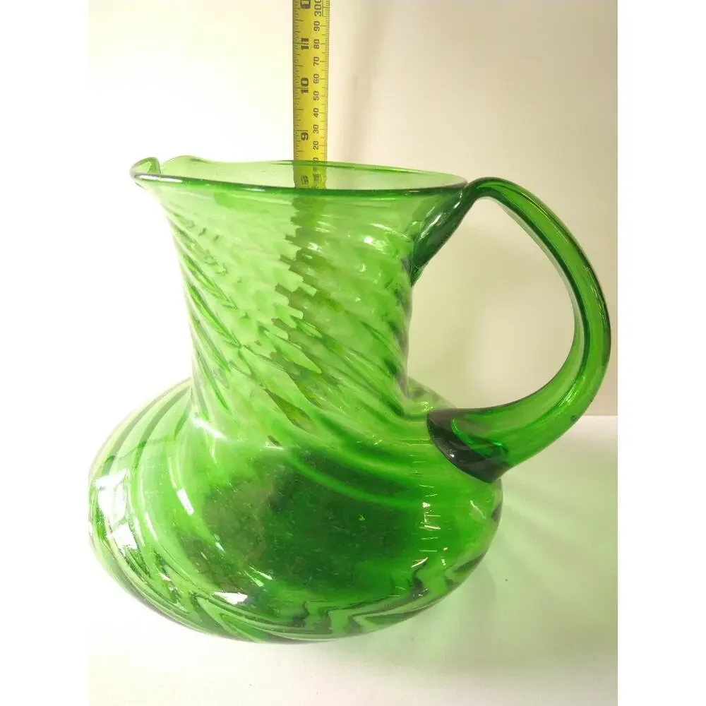 Vintage Hand Blown Large Green Glass Pitcher Ribbed 8.5